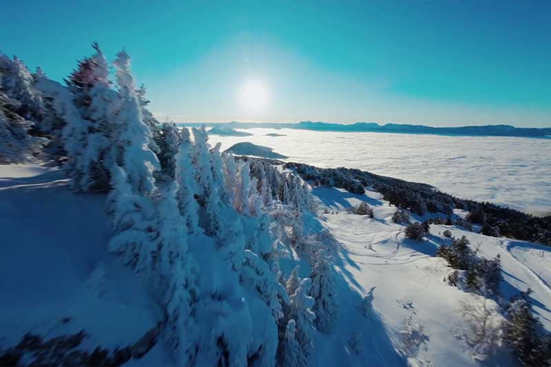 Vidéo FPV avec un DJI AVATA entre des sapins enneigés à chamrousse
